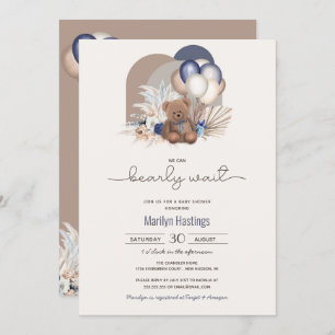 Invitation Baby shower Boho Teddy Bear & Blue White Ballons 
