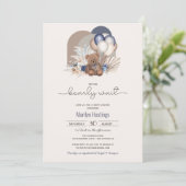 Invitation Baby shower Boho Teddy Bear & Blue White Ballons (Debout devant)