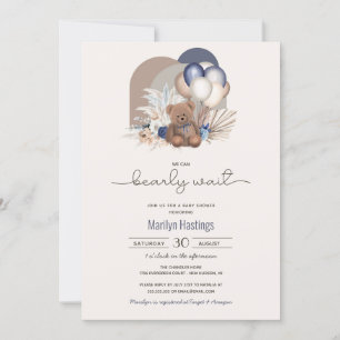 Invitation Baby shower Boho Teddy Bear & Blue White Ballons