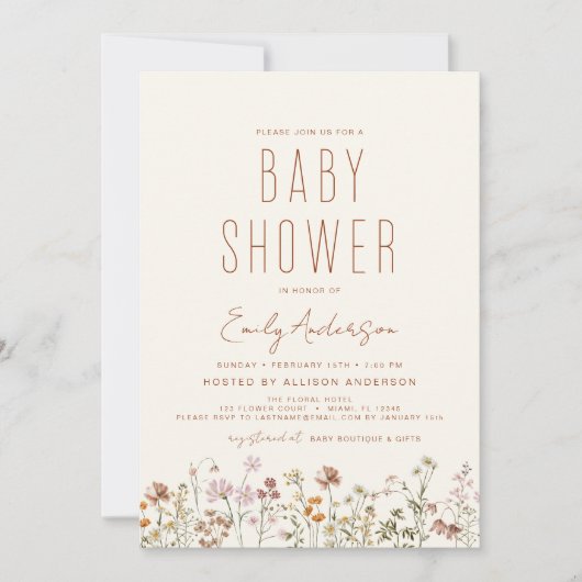 Invitation Baby shower Boho tout en un Fleur sauvage (Devant)