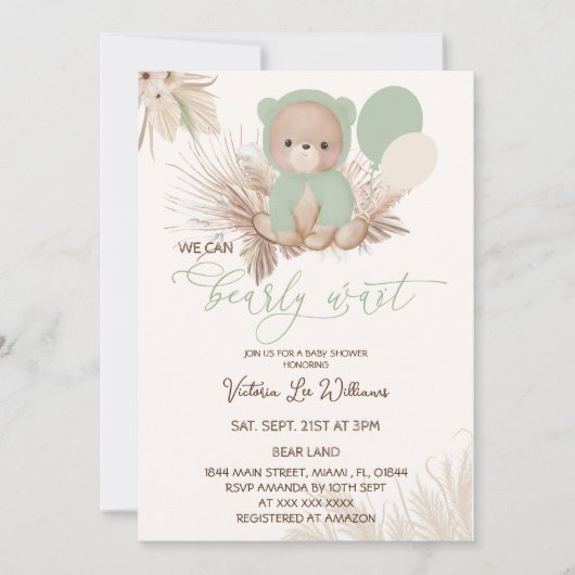 Invitation Baby shower Boho Vert Ours (Devant)