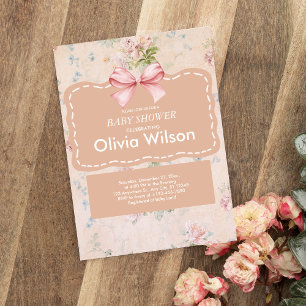 Invitation Baby shower Boho Vintage rose Bow