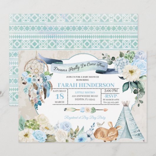 Invitation Baby shower Boho Woodland Dreamcatcher (Devant / Derrière)