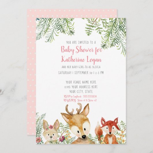 Invitation Baby shower Bois Animaux Boho Deer Fox Bunny (Devant / Derrière)