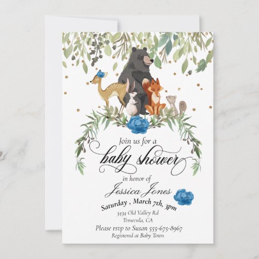 Invitation Baby shower Bois Animaux Floral Blue Boy (Devant)