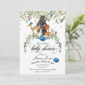 Invitation Baby shower Bois Animaux Floral Blue Boy (Debout devant)