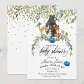 Invitation Baby shower Bois Animaux Floral Blue Boy (Devant / Derrière)