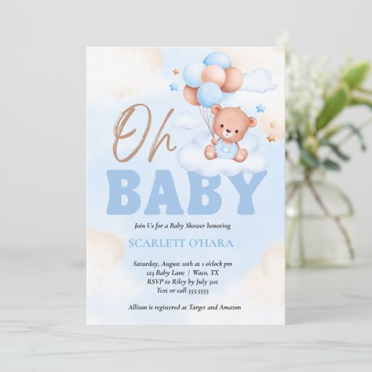 Invitation Baby shower bois champêtre ours bleu mignon (Debout devant)