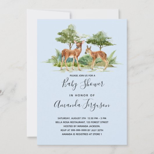 Invitation Baby shower bois forêt animaux cerf bleu (Devant)