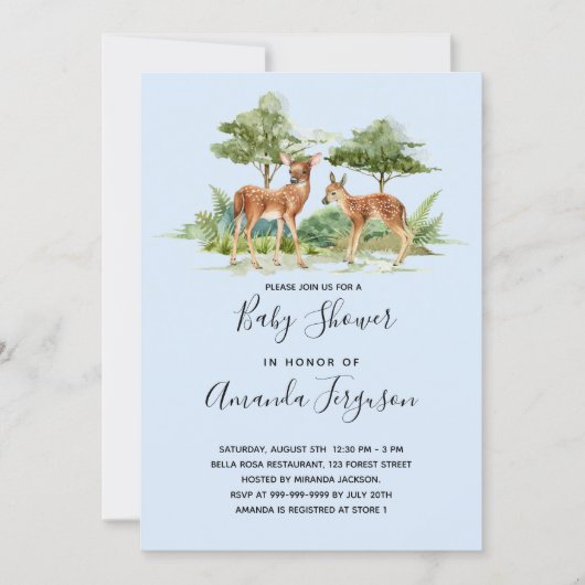 Invitation Baby shower bois forêt animaux cerf bleu (Devant)