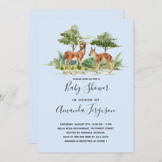 Invitation Baby shower bois forêt animaux cerf bleu (Devant / Derrière)