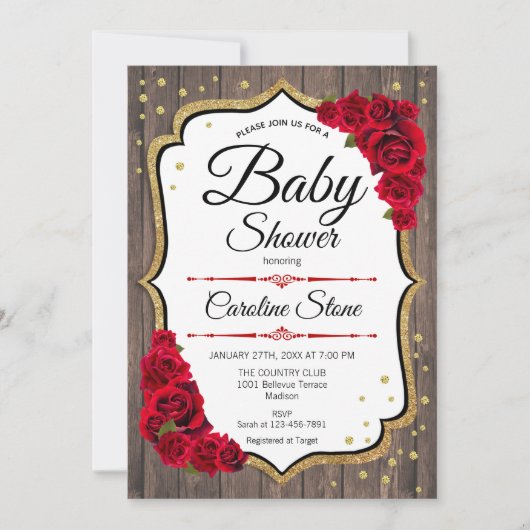 Invitation Baby shower - Bois rustique Rouge or (Devant)