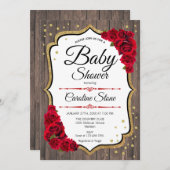 Invitation Baby shower - Bois rustique Rouge or (Devant / Derrière)