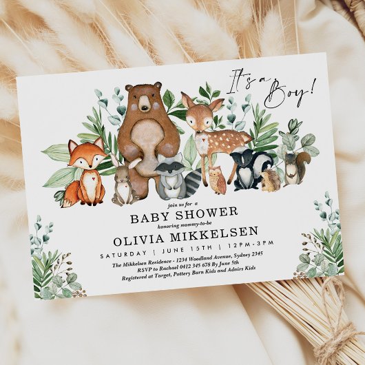 Invitation Baby shower boisé branché Animaux forestiers Boy