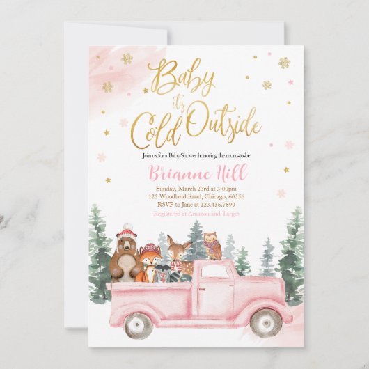 Invitation Baby shower boisé d'hiver rose et or (Devant)