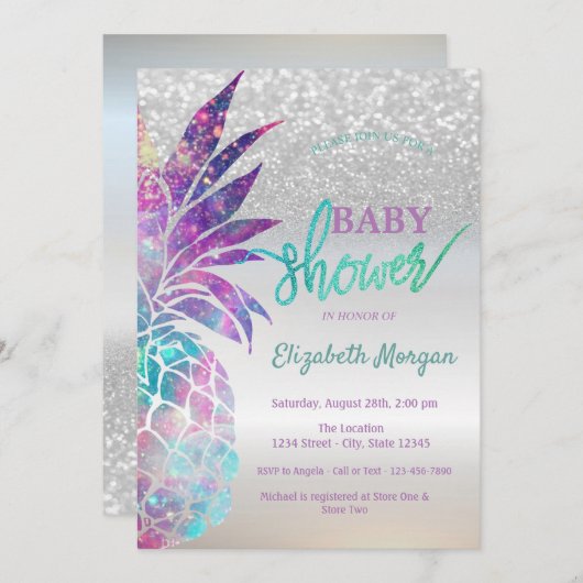 Invitation Baby shower Bokeh Parties scintillant en argent an (Devant / Derrière)