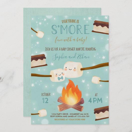 Invitation Baby shower Bonfire de garçon bleu S'more (Devant / Derrière)