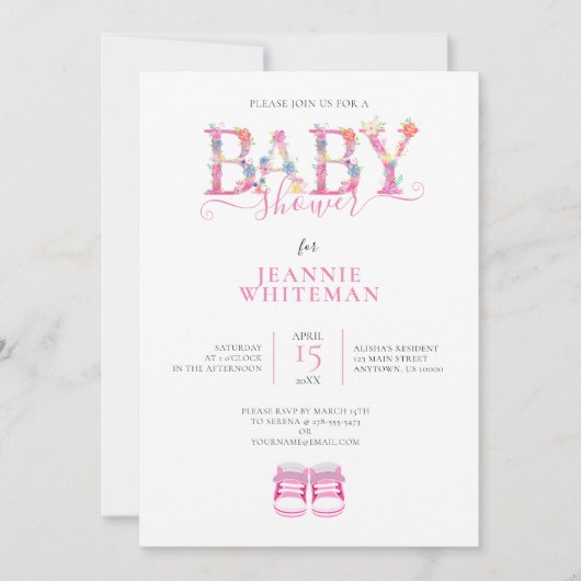 INVITATION BABY SHOWER, BOOTIES ROSES, FLORAL ROSE (Devant)