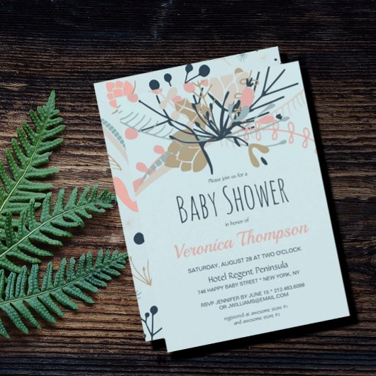 Invitation Baby shower botanique bleu pastel rustique