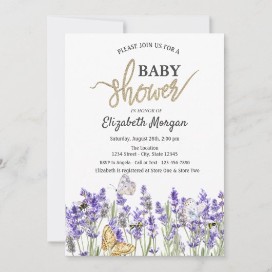 Invitation Baby shower botanique des papillons Lavander (Devant)