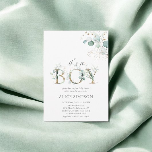 Invitation Baby shower botanique Eucalyptus vert
