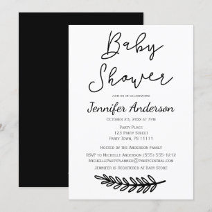 Invitation Baby shower botanique floral blanc noir simple