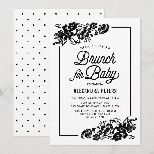 Invitation Baby shower botanique noir moderne Brunch (Devant / Derrière)