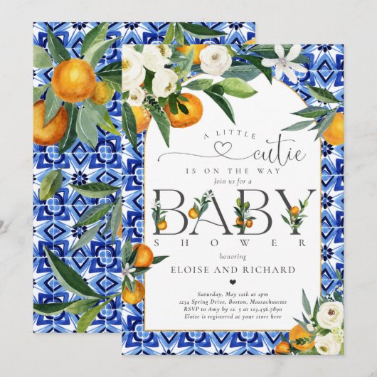 Invitation Baby shower botanique orange de Little Cutie Citru (Devant / Derrière)