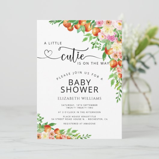 Invitation Baby shower botanique orange de Little Cutie Citru (Debout devant)