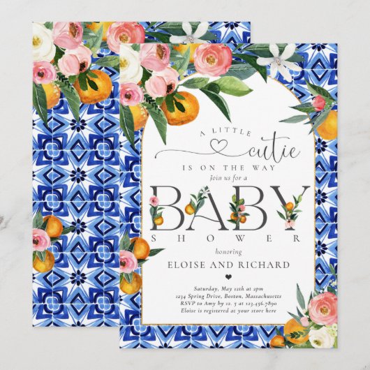Invitation Baby shower botanique orange de Little Cutie Citru (Devant / Derrière)