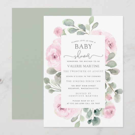 Invitation Baby shower botanique rose Eucalyptus (Devant / Derrière)