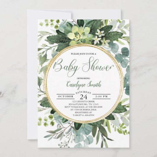 Invitation Baby shower botanique vert or (Devant)