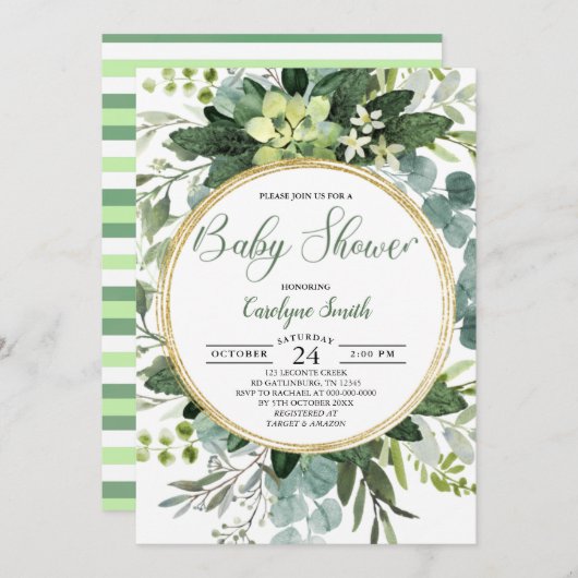 Invitation Baby shower botanique vert or (Devant / Derrière)