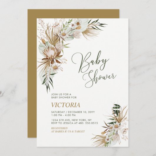 Invitation Baby shower botanique vert & or Boho (Devant / Derrière)