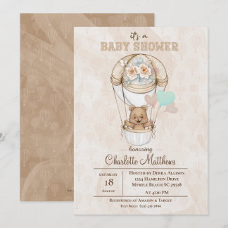 Invitation Baby shower Boulon Beige Bear Hot Air