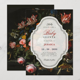 Invitation Baby shower bouquet floral vintage classique noir