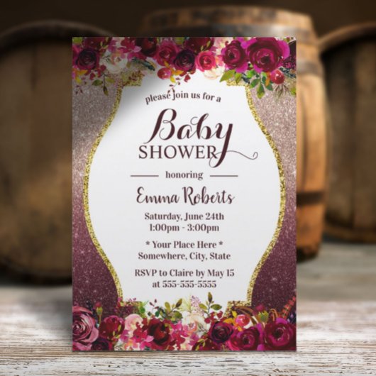 Invitation Baby shower Bourgogne Floral Moderne Rose Or