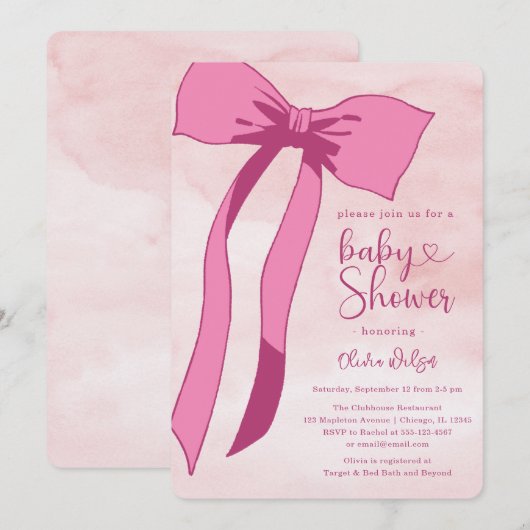 Invitation Baby shower Bow Aquarelle Rose (Devant / Derrière)