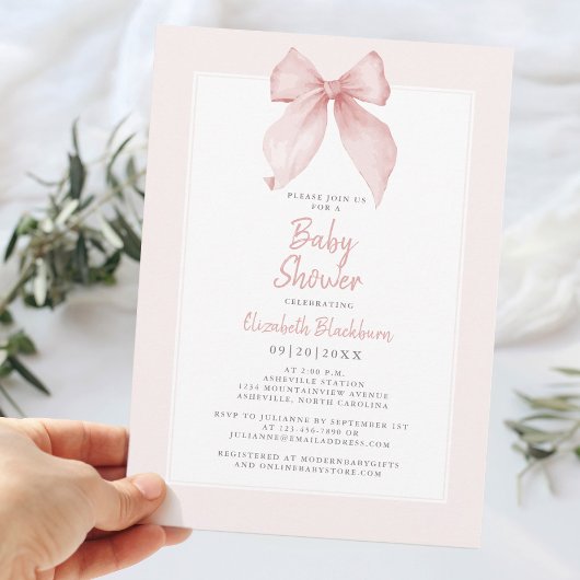 Invitation Baby shower Bow Aquarelle Rose Coquette Élégant