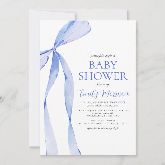 Invitation Baby shower Bow Bow à aquarelle bleu (Devant)