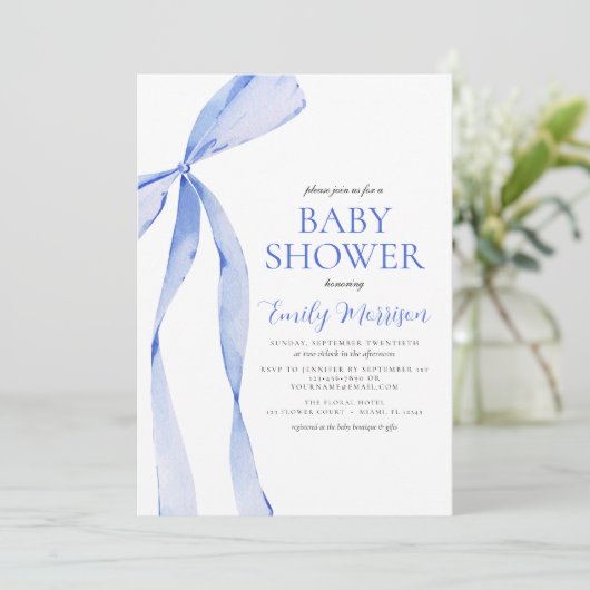 Invitation Baby shower Bow Bow à aquarelle bleu (Debout devant)