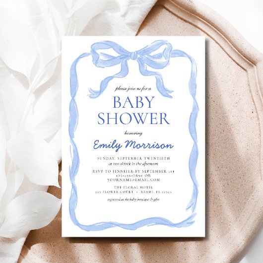 Invitation Baby shower Bow Bow en aquarelle bleu ruban