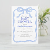 Invitation Baby shower Bow Bow en aquarelle bleu ruban (Debout devant)
