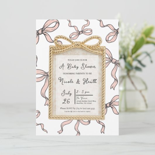 Invitation Baby shower Bow Bow Gold Bow Frame Rose Ribbon (Debout devant)