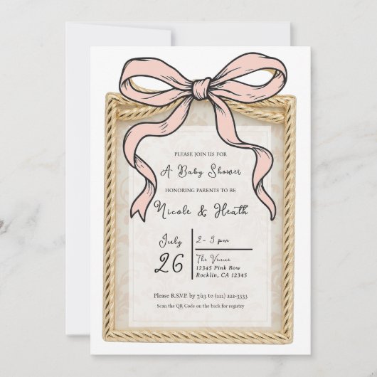 Invitation Baby shower Bow Bow Gold Bow Frame Rose Ribbon (Devant)