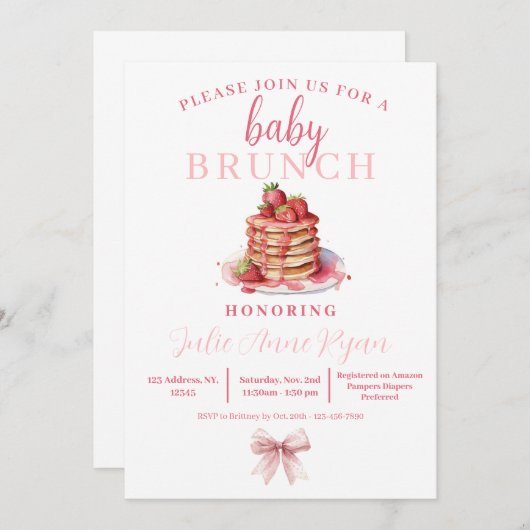 Invitation baby shower - Bow Brunch rose! (Devant / Derrière)