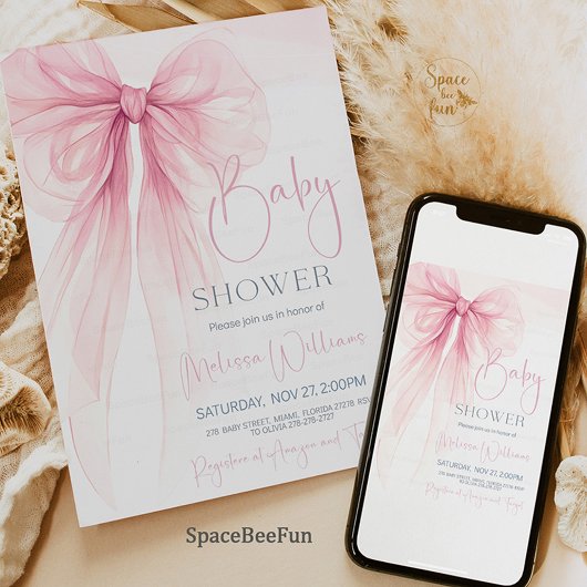 Invitation Baby shower Bow Coquette