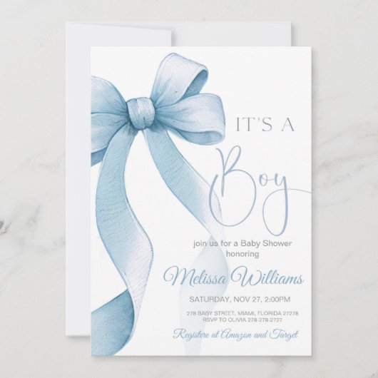 Invitation Baby shower Bow Coquette Boy (Devant)