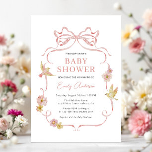Invitation Baby shower Bow Fleur sauvage rose vif