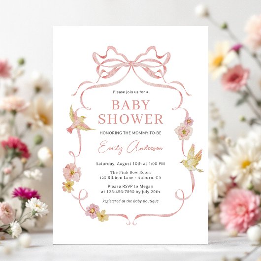 Invitation Baby shower Bow Fleur sauvage rose vif